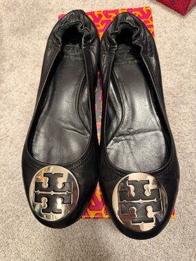 Tory Burch Black Leather Logo Ballet Flats with Silver Emblem